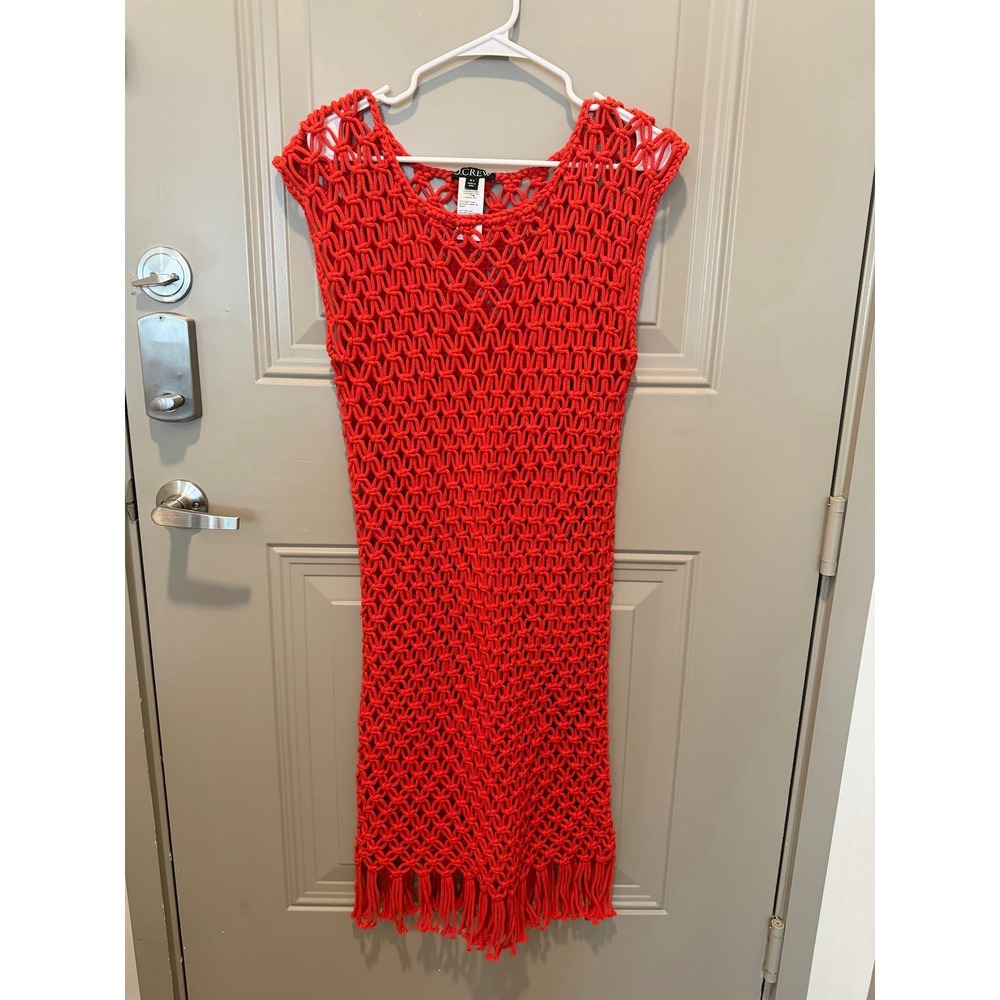 J‎ Crew Macramae Midi Dress Cover Up Fringe Knit Red Orange Size M/L